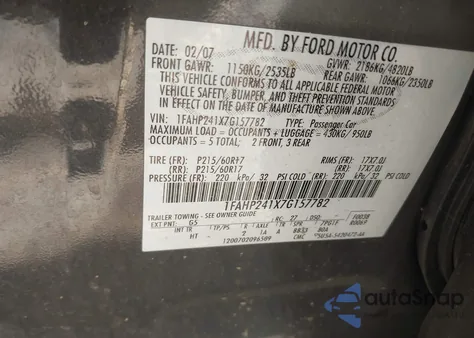 2007 Ford Five Hundred Sel из США, поврежденный, VIN 1FAHP241X7G157782